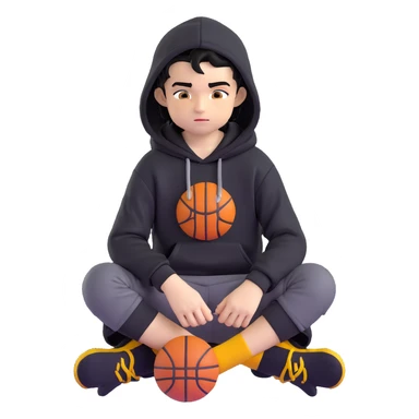 boy kid sitting cross-legged, black hoodie with hood off, smirking, black crew socks, messy black hair, black basketball shorts, yellow skin sticker