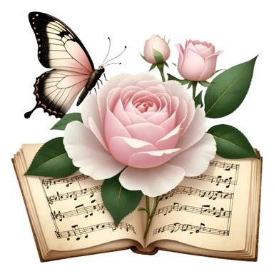 A charming antique music sheet, adorned with golden ink flourishes and pressed blush pink rose petals, resting beside a bouquet of fresh white peonies, while a pearl butterfly’s wings gently touch the delicate paper.
 sticker