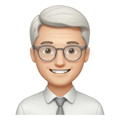 30 yr old pale white man, white/grey side swept stylish hair, round glasses, big smile, white teeth, handsome, longer hair, thin glasses, white dress shirt sticker