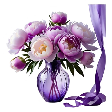 "A dreamy, abstract bouquet of peonies in soft pastel purples, with fluid, swirling petals that melt into each other like brushstrokes. The flowers emerge from a translucent, faceted glass vase in shades of violet, with exaggerated reflections and refractions. A flowing ribbon in light lavender twists and loops around the vase, extending beyond the frame in a weightless, almost liquid motion."
 sticker
