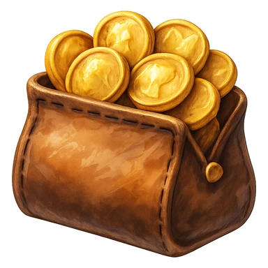 В cлегка рисованной, но при этом объемной и яркой стилистике сгенерируй картинку кожаного кошелька, из которого торчат фотореалистичные золотые монеты. Они должны выглядеть не как пластмассовые, а как настоящее золото. Прозрачный фон sticker