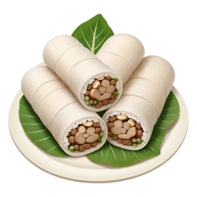 Cinematic Realistic B√°nh cu·ªën Dish Emoji, featuring steamed rice rolls filled with savory minced pork and mushrooms rendered with soft textures and inviting, warm lighting. sticker