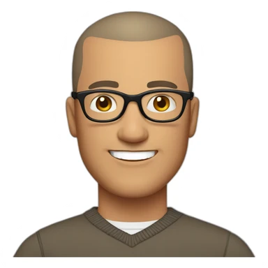 Middle age man with buzz cut hair, thick frame glasses, with broad smile, wearing a v-neck sweater sticker