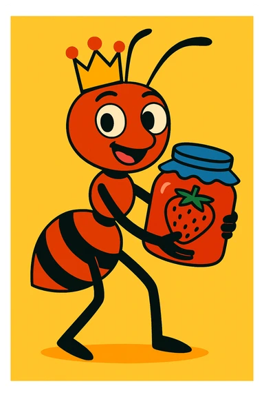 cool ant wearing a crown, holding a jar of strawberry jam, vibrant and expressive sticker