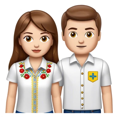 a Ukrainian girl with brown hair in an embroidered shirt and an atomhirt and a Ukrainian boy in an embroidered shirt and Lego bricks sticker