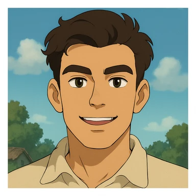 portrait of a young man, early twenties, square face, pronounced jaw, high cheekbones, broad forehead, thick dark arched brows, hazel almond eyes, prominent eyelids, wide nose bridge, upturned tip, full lips, thinner upper lip, wheat skin, dark brown voluminous wavy hair combed right to left, normal close-set ears, sincere happy expression, ghibli style sticker