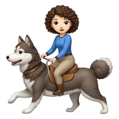cute woman short tight curly brown hair riding big husky dog sticker