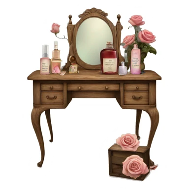 Old wood vanity with dead roses vintage makeup and perfume  sticker