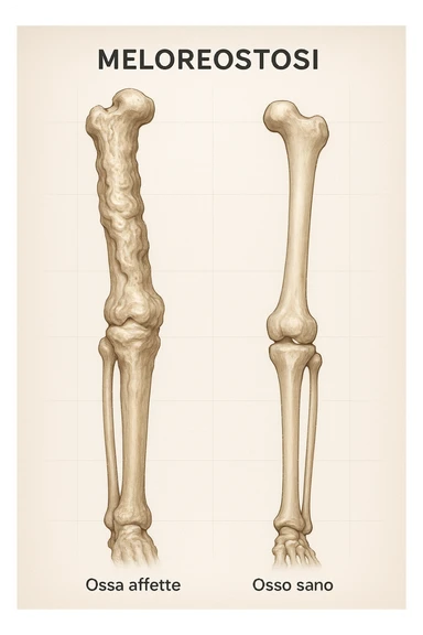 A highly realistic medical illustration focusing on a human arm and leg bones affected by melorheostosis. The bones appear visibly thickened, irregular, and larger than normal, with clear, layered bone growth resembling melted wax dripping down the side of the bones. The image shows a side-by-side comparison with a healthy bone for clarity, highlighting the difference in size and texture. The color palette includes neutral bone colors with subtle shading to show the abnormal contours and ridges. The background is clean and minimalistic, with faint anatomical grid lines for a scientific, educational feel. The overall mood is informative and precise, conveying the key visual characteristic of melorheostosis: progressive bone thickening that makes bones visibly larger and irregular. in italiano sticker
