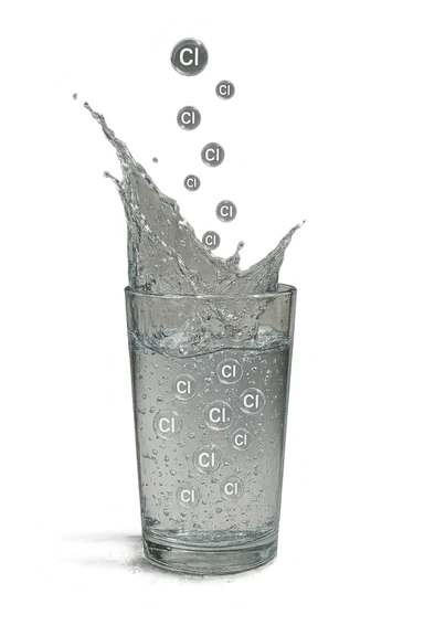 un bicchiere di acqua cade verticalmente dall'alto realistico e dettagliato, dentro l'acqua del bicchiere ci sono particelle di cloro ben visibili con la scritta "Cl" sopra, ci sono particelle anche che escono dal bicchiere e fluttuano in aria verticalmente, mentre alcune sono all'interno dell'acqua nel bicchiere, iperrealistico 4k sticker