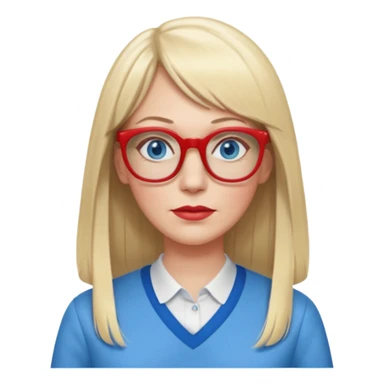 45 yr old white woman, pale skin, long straight blond hair parted in center, blue eyes, bangs, clothes for school, big red glasses sticker