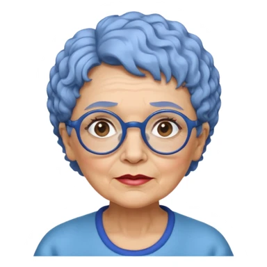 old laydy with short, curly blue hair, matching blue eyebrows, light brown skin, round black glasses, and a neutral facial expression. sticker