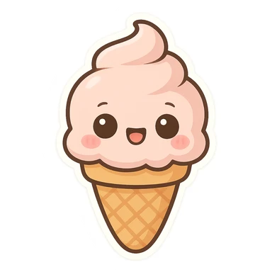 chibi sticker-style ice cream cone with a smiling face, cute and exaggerated sticker