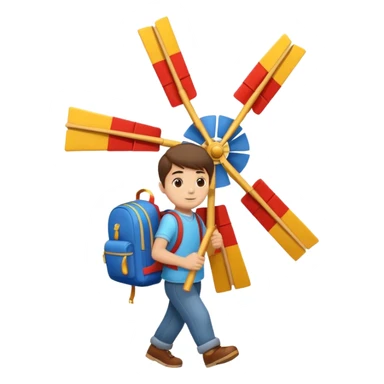 Boy carrying toy windmill backpack sticker