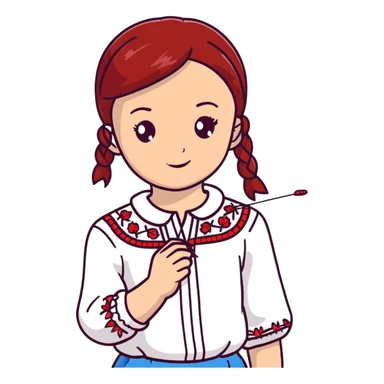 A young Ukrainian girl in a white embroidered shirt holds a red thread and a needle in her hand sticker