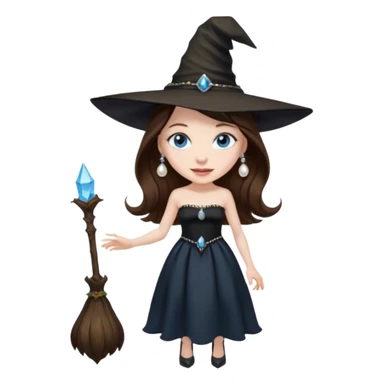 woman brunette, very large breasts, pale skin, blue eyes, long brown hair, black strapless dress, witch hat, pearl earrings, smirking, in black heels, standing, head to toe, full body, zoomed out, entire outfit visible sticker