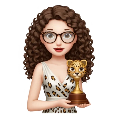 A girl with white pale skin,  full lips, brunette LONG curly hair. She is wearing a white  silk dress. She is holding an award and happy. She has a leopard print round-ish shaped glasses.  sticker
