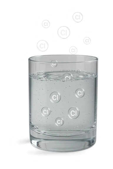un bicchiere di acqua fluttua in aria realistico e dettagliato, dentro l'acqua del bicchiere ci sono particelle di cloro ben visibili con la scritta "Cl" sopra, ci sono particelle anche che escono dal bicchiere e fluttuano in aria verticalmente, mentre alcune sono all'interno dell'acqua nel bicchiere, iperrealistico 4k sticker