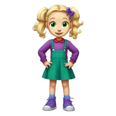 A little blonde girl with pigtails and little purple bows wearing a red long-sleeved shirt and purple overalls skirt with blue tights with green polka dots and purple sneakers, full body, rugrats sticker