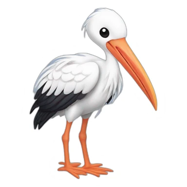  white stork with a long beak. The stork is carrying a bundle of cloth in its beak that has a cute baby human and his face peeking out from it sticker