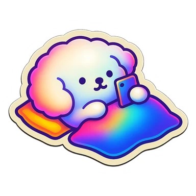 Transform the image into a WhatsApp sticker by removing the background and leaving only the cute dog lying down with the cellphone. Add a white border around the dog for a sticker effect. sticker