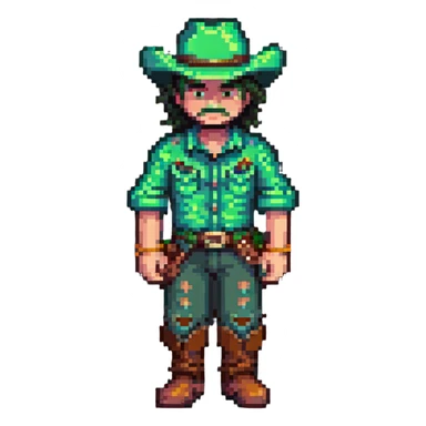 Pixel art of a cowboy character with green outfit and hat sticker
