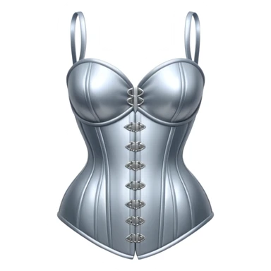 A luxury corset emoji made of silver chrome, smooth metallic curves, minimal fashion silhouette, glossy reflections, sensual high-end aesthetic, iOS emoji style, centered, clean white background sticker