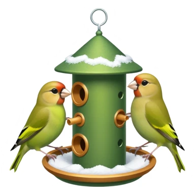 3 Green finch feeding on a bird feeder in the snow sticker