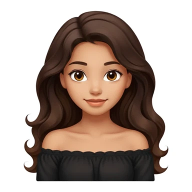 clean modern emoji of a young woman with medium skin tone, long wavy dark brown hair, wearing a black off-shoulder top, soft smile, expressive eyes, warm charming confident style, subtle gradient background sticker