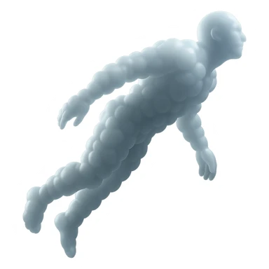 side view of unconscious person flying upwards by torso, legs and arms downwards, made of small very bright white fluffy convex clouds, matte glass style sticker