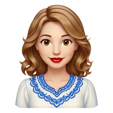 Friendly woman in her late 30s with luminous fair skin, round face, wide smile, large light brown eyes, vibrant red lips, shoulder-length dark blonde wavy hair with highlights, wearing white blouse with blue embroidery and electric blue neckline sticker
