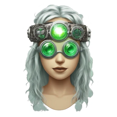 Light green long hair female cyborg head with silver steampunk goggles as a headband, circuits sticker