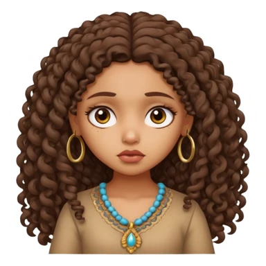 a tan pretty bratz indian girl with curly long brunette hair, looking sad sticker