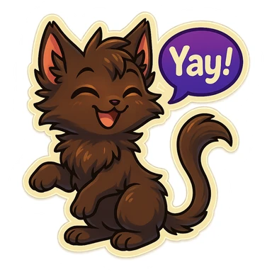 a dark-brown fluffy cute kawaii anthropomorphic furry anime cat-furry with tufted ears, golden eyes, and a long thin tufted tail, happy, grinning, closed eyes, pleased expression, saying “Yay~!..” with a purple speech bubble, (cartoon style) (cute anime style) (furry style) (deviantArt style) (artist style: Kamirah) sticker