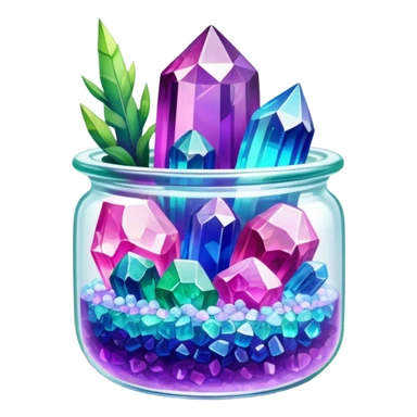 Close-up of vibrant, multicolored crystals growing in a glass container on a wooden table. Crystals in shades of purple, blue, green, pink, and clear are forming in various shapes and sizes. Soft light shines on them. Cozy indoor setting with plants and soft decor in the background. sticker
