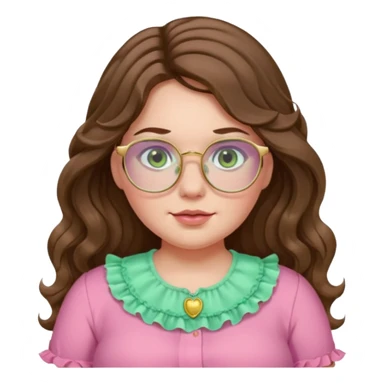 Girl girl long wavy brown hair with middle part, pale green eyes, plus size, pink frilly shirt, gold rimmed glasses sticker