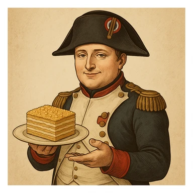 Используя такую стилистику сгенерируй Наполеона Бонапарта, который довольный держит в руках тарелку с тортом Наполеон, будто презентуя ее зрителю sticker