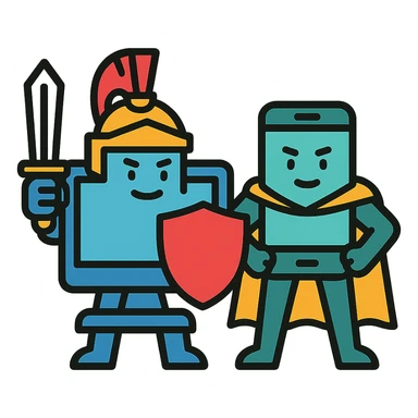 A computer and a phone illustrated as warriors or heroes, symbolizing their role in providing excellent internet service sticker