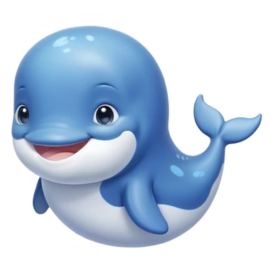 Cinematic happy baby whale, chubby rounded body, tiny smiling face, soft pastel blue hues, gentle glowing waves around, joyful and soothing. sticker