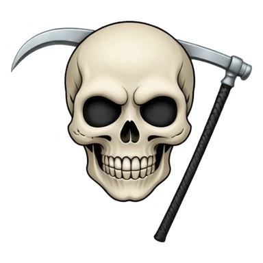 A laughing skull with a scythe crossed behind it, one eye socket winking. Clean, stylized lines, flat vector. Medieval woodcut style. Black and white with one accent color (tarnished silver). No background. sticker
