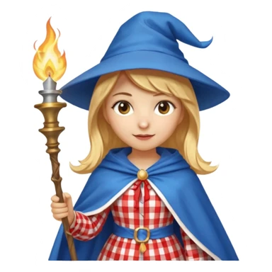 young woman mage with golden blonde hair, wearing a red and white gingham dress under a blue cloak and pointy hat, holding a torch, emoji style sticker
