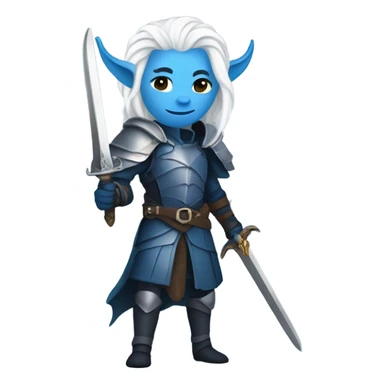 a blue tiefling with white long hair, full body, knight armour, holding a sword sticker