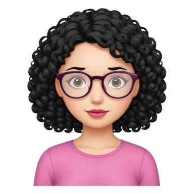 Fair girl with curly black hair and glasses wearing a pink top sticker