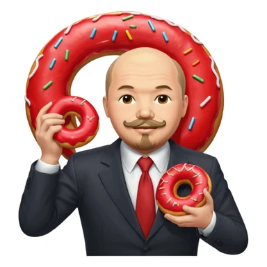 Ленин в костюме с удовольствием кусает огромный пончик-донат красного цвета. Пончик размером с голову Ленина и на пончике нарисован логотип СССР

 sticker