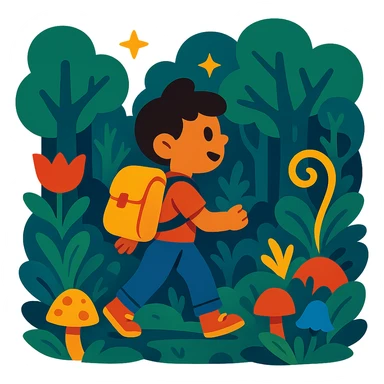 child with backpack exploring an enchanted forest sticker