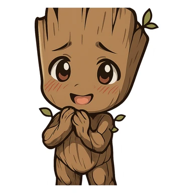anime style Groot character, cute and shy, happy expression sticker