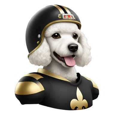 White poodle wearing a black football helmet with gold stripe and gold fleur de lis emblem sticker