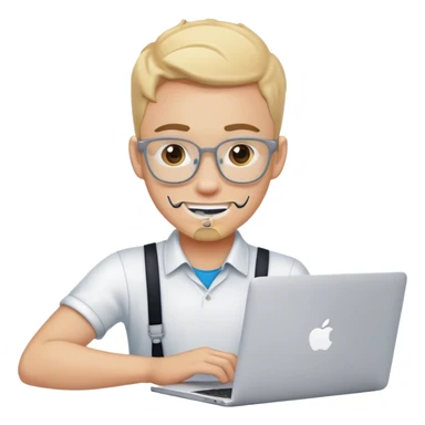 guy wearing braces working on a Macbook with apple logo sticker