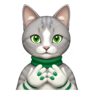 beautiful female grey cat with green eyes, white mittens and white chest sticker
