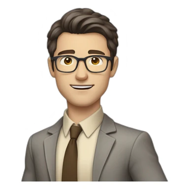 Full height Pale skinned fit man with dark brown hair in gray jacket, beige office shirt, brown tie, brown pants and vintage glasses. His right hand stretched out sticker